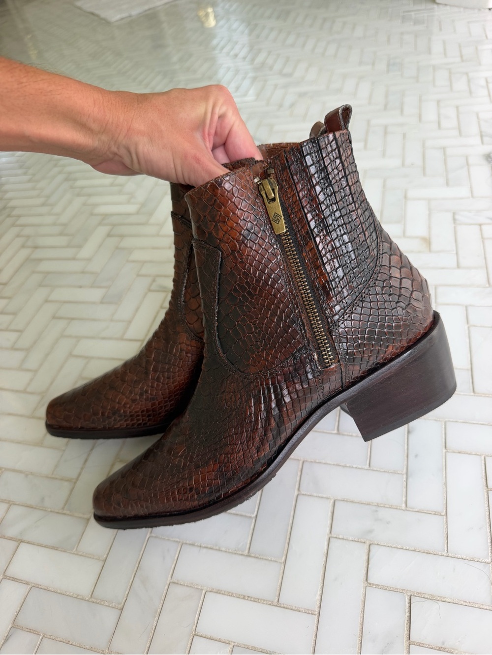 Donald J. Pliner Brown Snake-Embossed Leather Ankle Booties